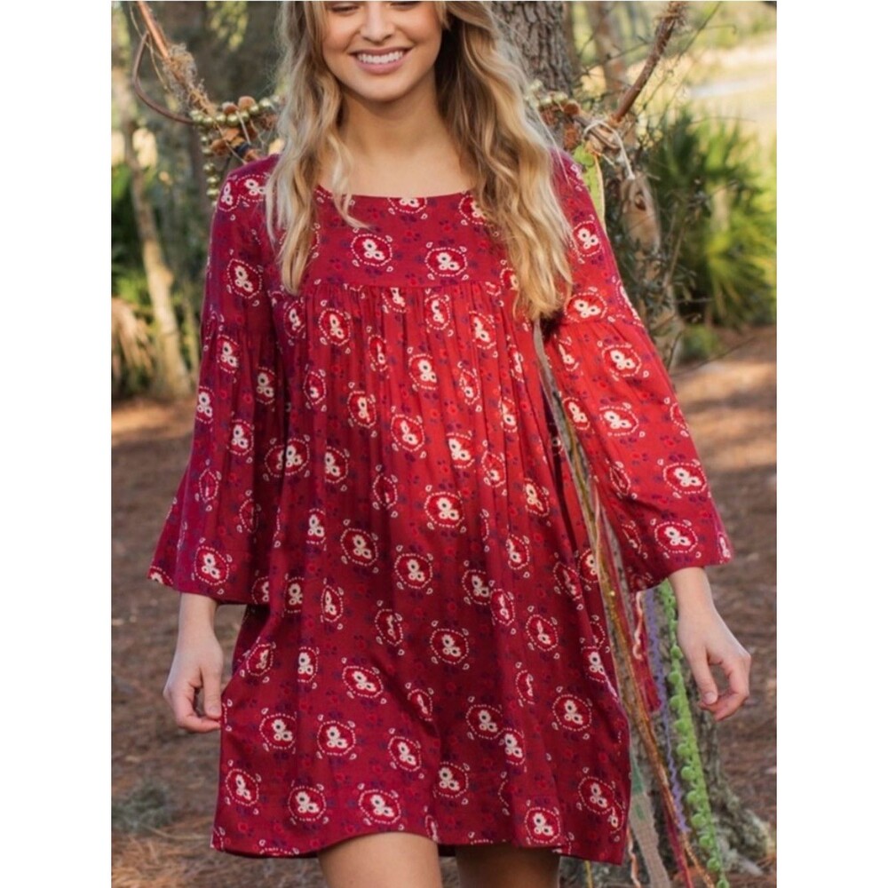 NATURAL LIFE Maroon Red Floral Boho babydoll  Mini Dress